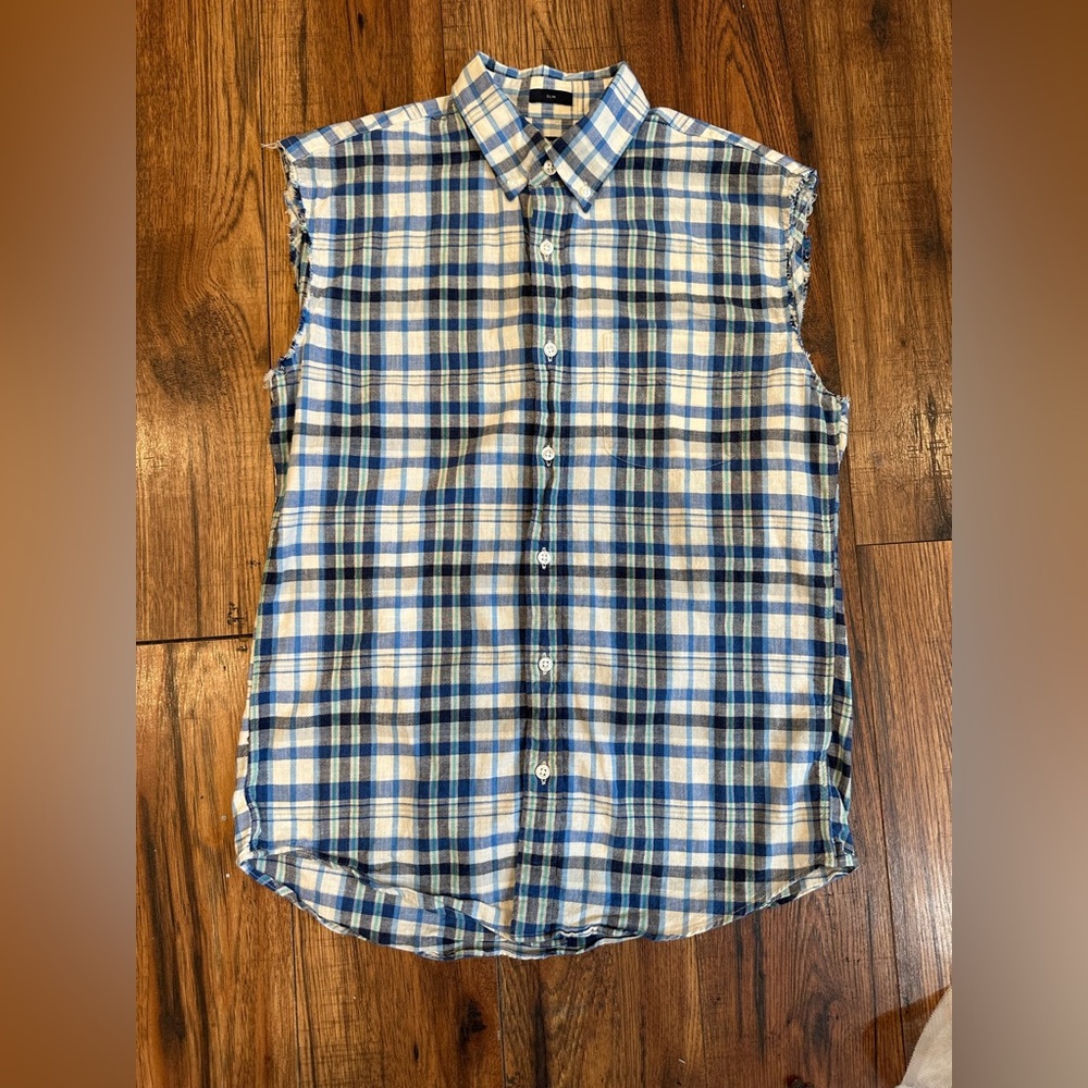 J. Crew Shirt Mens Shirt Medium Blue Plaid Sleeveless Button Down Cowboy Western